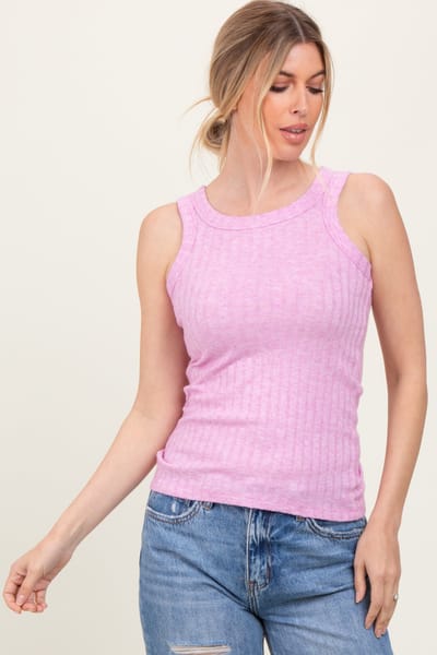 Zenana Outfitters Pink Heather Ribbed Scoop Neck Tank