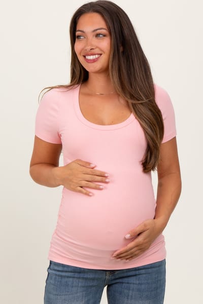 PinkBlush Light Pink Ribbed Scoop Neck Short Sleeve Maternity Top