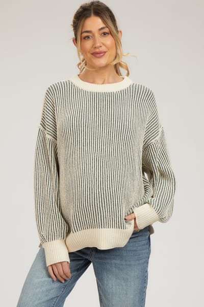 Miss Love Olive Ribbed Balloon Sleeve Maternity Sweater