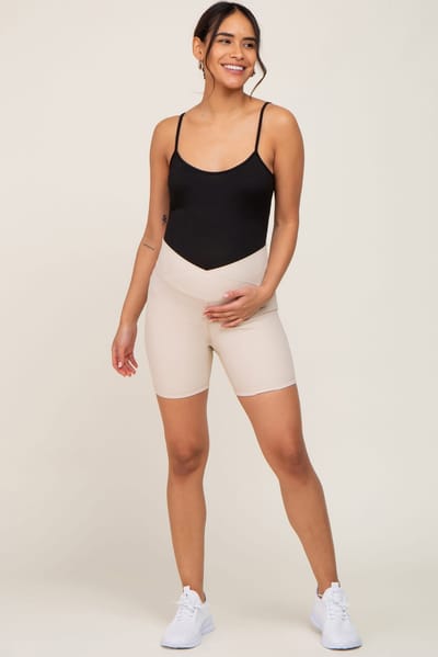 PinkBlush Beige Ribbed Crisscross Maternity Biker Shorts