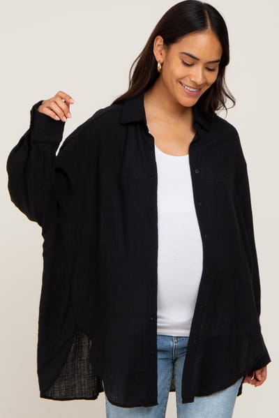 PinkBlush Black Lightweight Sheer Button Down Maternity Blouse