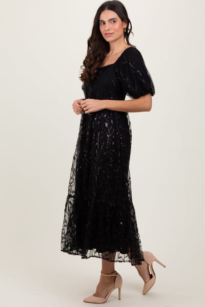 Dress Day Black Embroidered Sequin Detail Mesh Overlay Maxi Dress