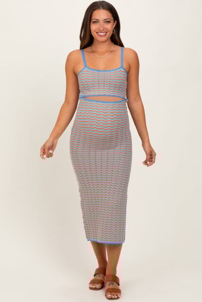 Mable Aqua Chevron Knit Cutout Fitted Maternity Midi Dress