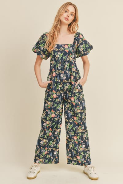 &merci Navy Floral Wide Leg Puff Sleeve Jumpsuit