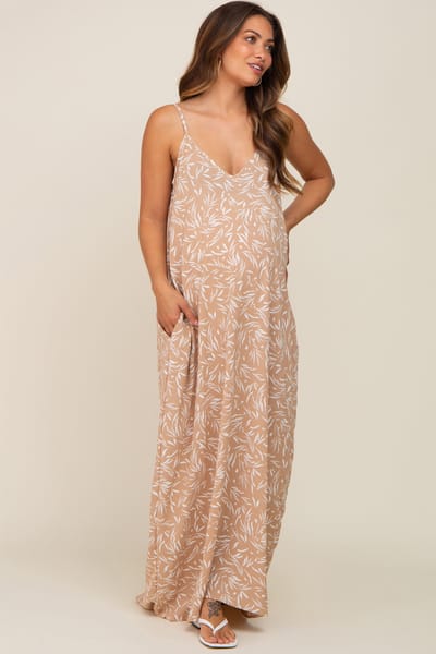 PinkBlush Taupe Leaf Print Double V-Neck Maternity Maxi Dress