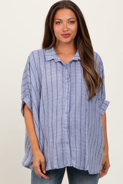 PinkBlush Blue Striped Collared Oversized Maternity Top