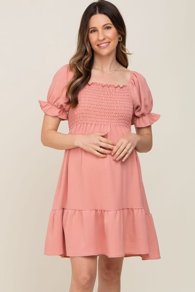 PinkBlush Coral Smocked Ruffle Trim Maternity Dress