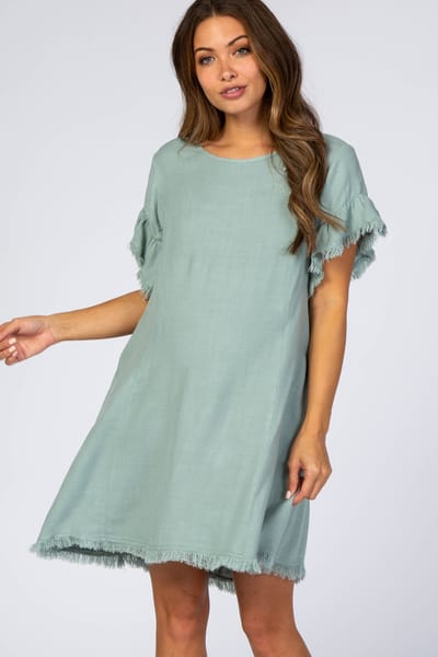 Umgee Mint Green Frayed Trim Back Keyhole Linen Maternity Dress