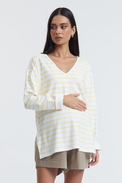 LÉGOE HERITAGE V Neck Organic Cotton LS Tee (Lemon/White Stripe) - FINAL SALE
