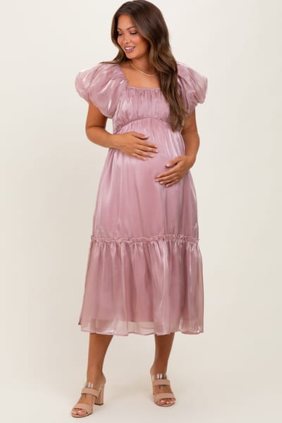 PinkBlush Pink Organza Puff Sleeve Maternity Midi Dress