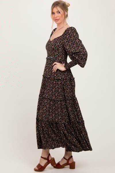 In Loom Black Floral Button Accent Bodice Tiered Maxi Dress