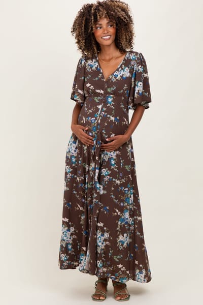 PinkBlush Brown Floral Flutter Button Down Maternity Maxi Dress