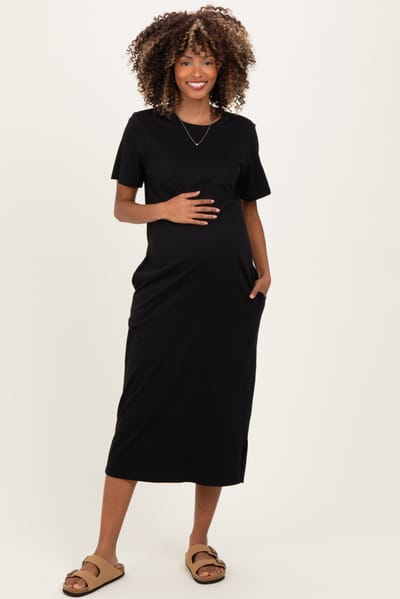 PinkBlush Black Cotton T-Shirt Maternity Midi Dress