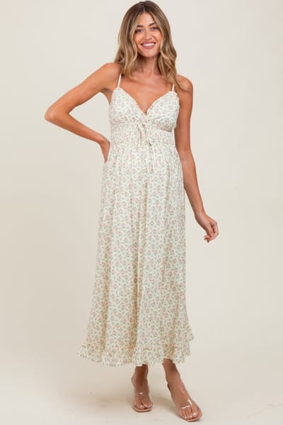 PinkBlush Pink Floral Smocked Waist Ruffle Accent Maternity Midi Dress