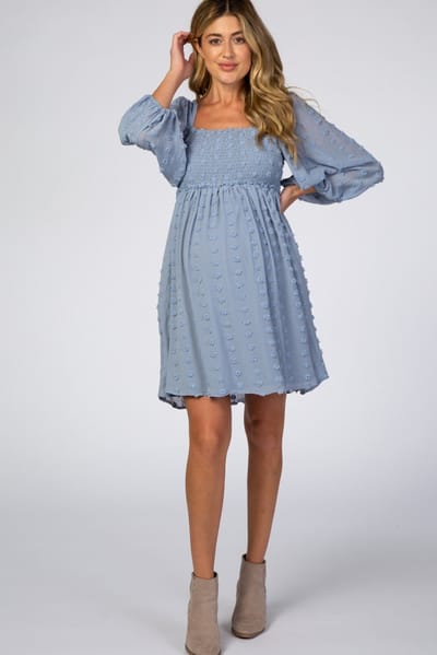 PinkBlush Light Blue Textured Dot Smocked Square Neck Chiffon Maternity Dress