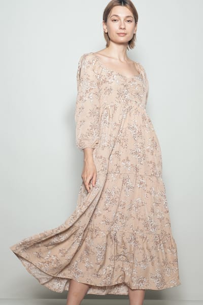 Elloh Beige Antique Floral Neck Maxi Dress