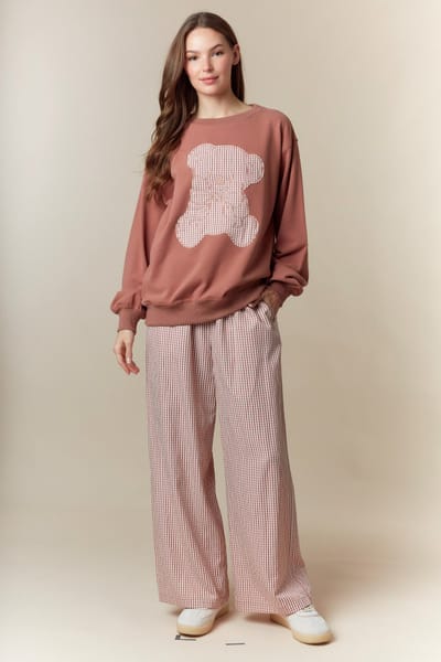 Peach Love Cream Mauve Gingham Drawstring Lounge Pants