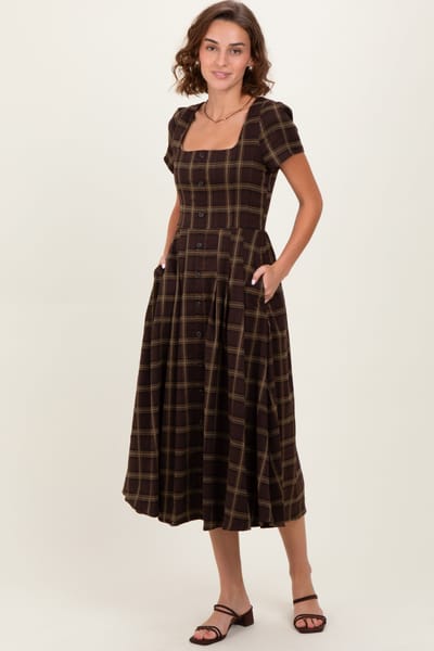 Camellia Brown Plaid Button Down Midi Dress