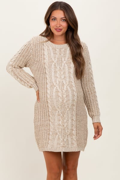 So Me Beige Two Tone Cable Knit Maternity Mini Sweater Dress