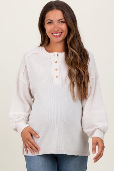 PinkBlush Cream Oversized Ribbed Knit Henley Maternity Sweater