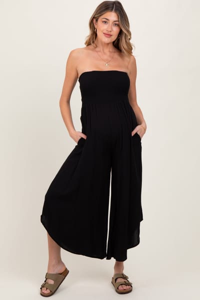 PinkBlush Black Strapless Smocked Tulip Leg Maternity Jumpsuit