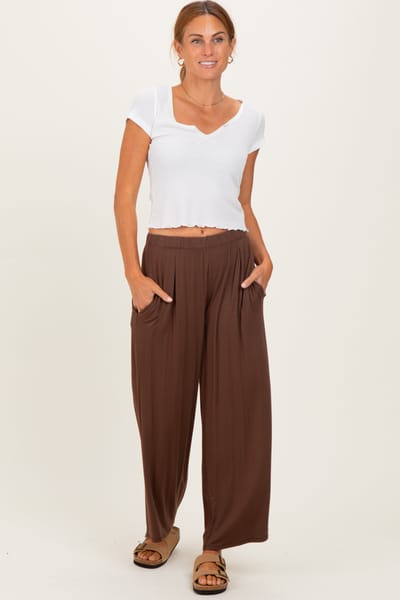 Zenana Outfitters Brown Wide Leg Ankle Lounge Pants