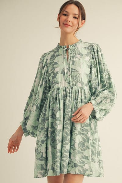 Jodifl Light Olive Floral Front Tie Bubble Sleeve Mini Dress