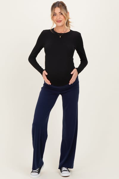 Hearts and Hips Navy Wide Leg Fold Over Maternity Lounge Pants