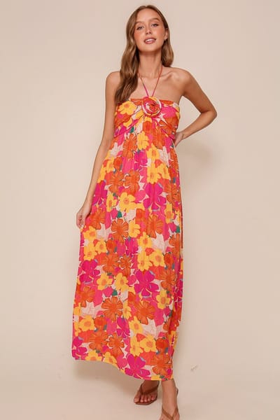 Timing Peach Floral Halter Maxi Dress