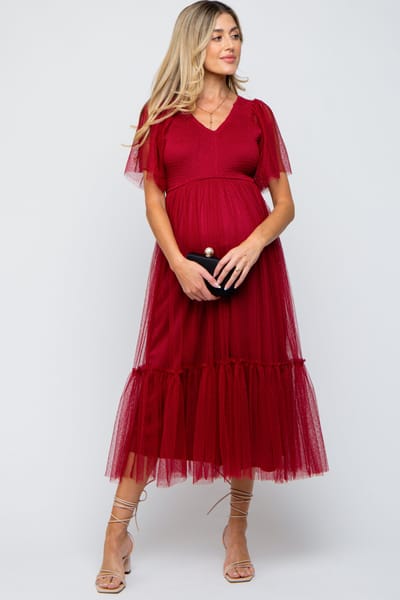 Dress Day Burgundy Dotted Tulle Smocked Maternity Midi Dress