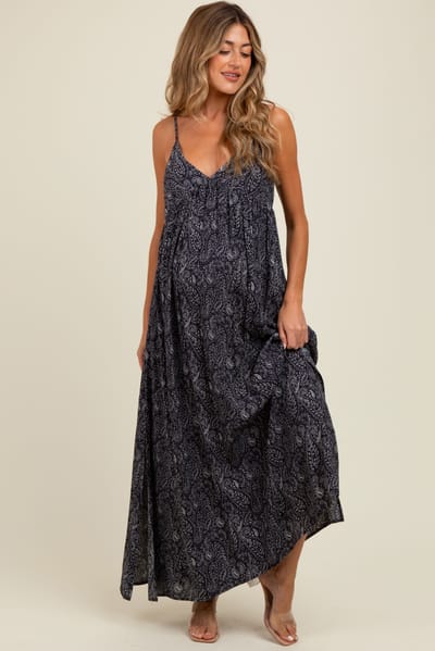 Be Cool Navy Paisley Print Sleeveless Side Slit Maternity Maxi Dress