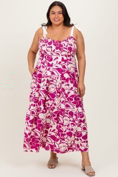 J.NNA Fuchsia Floral Print Smocked Plus Maxi Dress