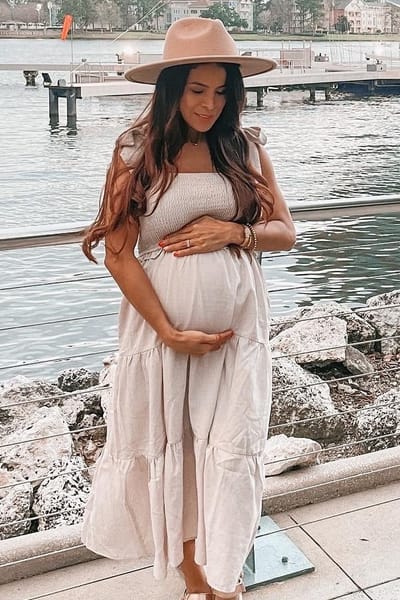 Listicle Beige Bow Strap Tiered Maternity Midi Dress