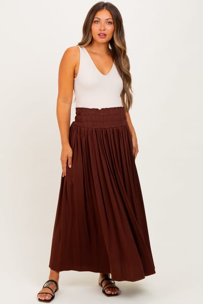 Vine & Love Brown Smocked Waistband Pleated Maternity Maxi Skirt
