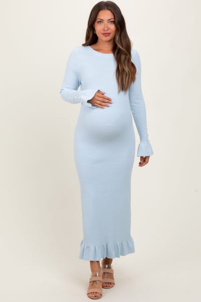 ABLE Light Blue Ribbed Knit Bow Back Maternity Maxi Dress