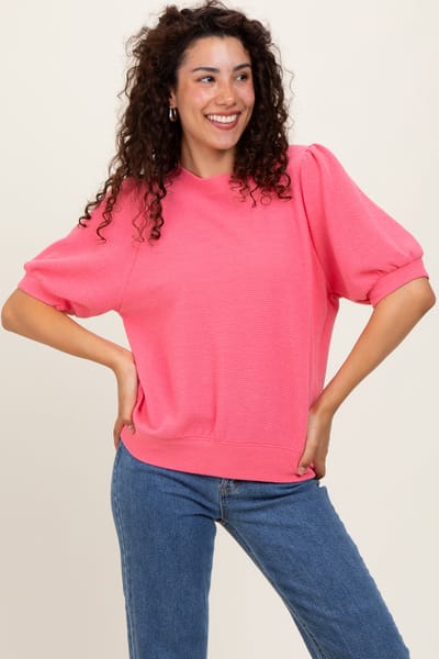 Tres Bien Pink Knit Puff Sleeve Top