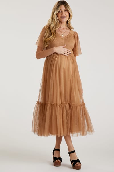 PinkBlush Camel Dotted Tulle Smocked Maternity Midi Dress