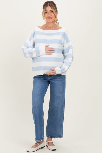 PinkBlush Light Blue Wide Stripe Boat Neck Maternity Sweater