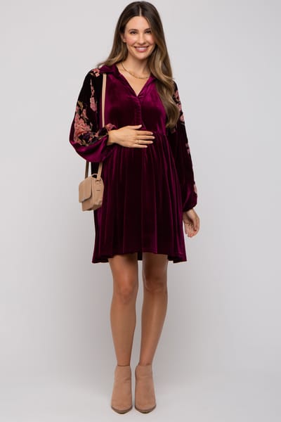 Umgee Plum Velvet Floral Long Sleeve Maternity Dress