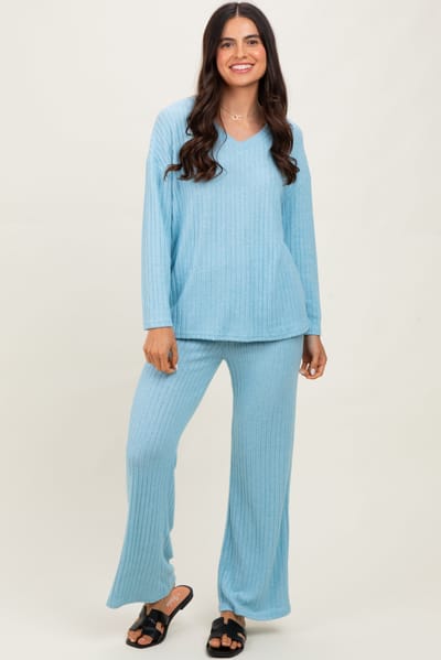 Charmo Light Blue Ribbed Soft Knit Long Sleeve Pajama Set