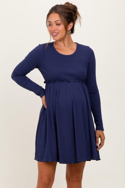 Rhea + Thea Navy Solid Ribbed Long Sleeve Crewneck Shirring Maternity Mini Dress