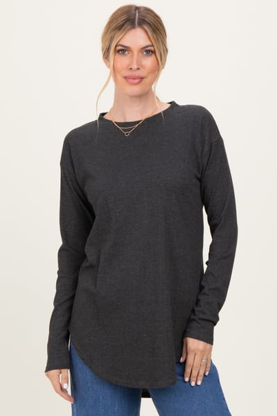 Rhea + Thea Charcoal Long Sleeve Round Hem Textured Top