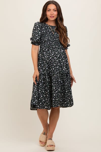 PinkBlush Black Floral Smocked Maternity Midi Dress