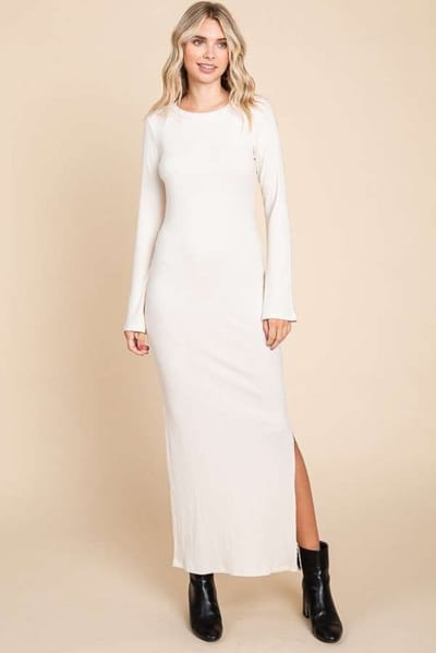 Culture Code Cream Ribbed Side Slit Maxi Dress