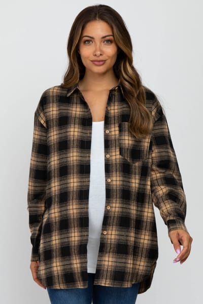 Vine & Love Taupe Black Plaid Button Down Maternity Top