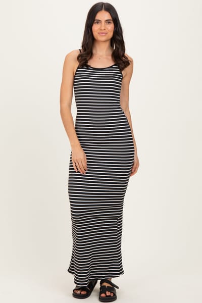 Capella Apparel Co. Black Ribbed Knit Striped Sleeveless Maxi Dress