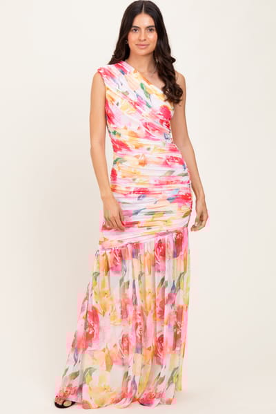 Cameo Pink Floral Ruched Mesh One Shoulder Maxi Dress