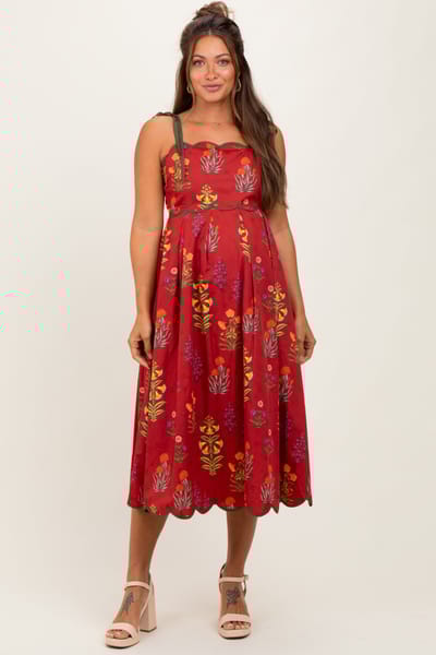 Entro Rust Floral Scallop Edge Shoulder Tie Maternity Midi Dress