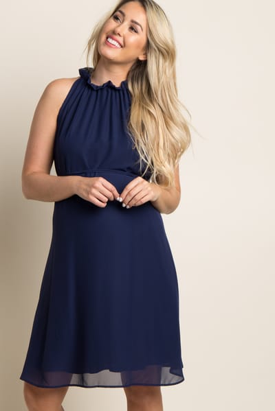 Rhea + Thea Navy Blue Chiffon High Neck Maternity Dress