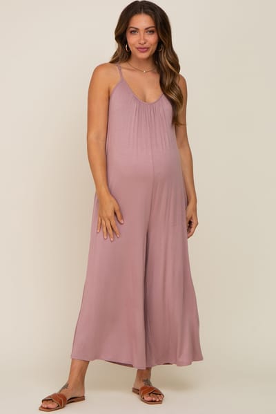 Wasabi + Mint Mauve Basic Cropped Wide Leg Maternity Jumpsuit